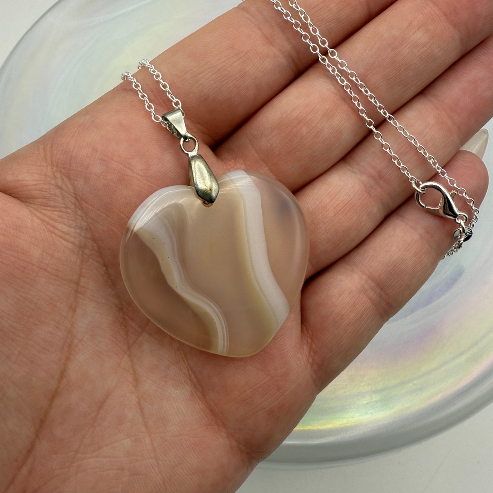 Agate Heart Pendant Necklace - Stone Heart Charm - Silver Chain Necklace Jewelry